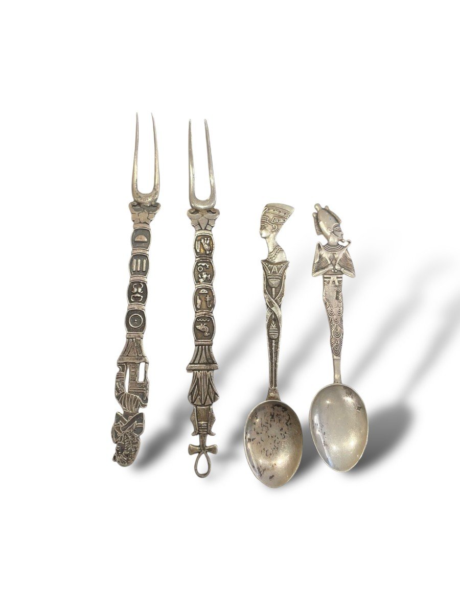 Pair Of Egyptian Style Silver Cutlery-photo-3