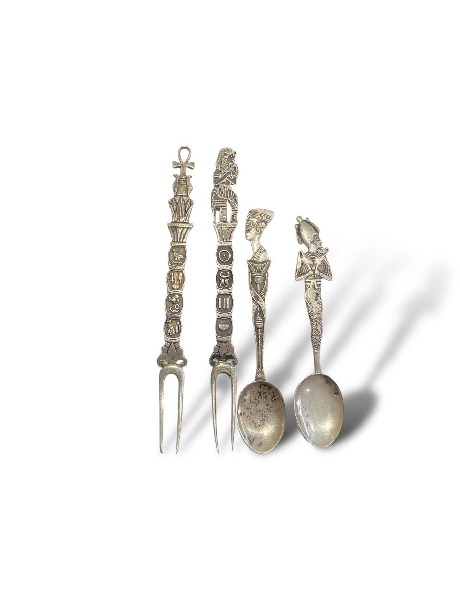 Pair Of Egyptian Style Silver Cutlery-photo-4