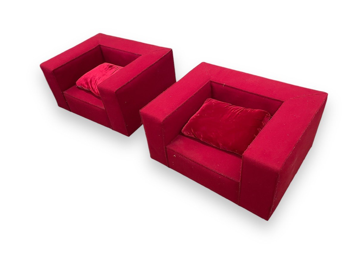 Pair Of Armchairs With Red Upholstery In The Style Of Paolo Lenti-photo-6