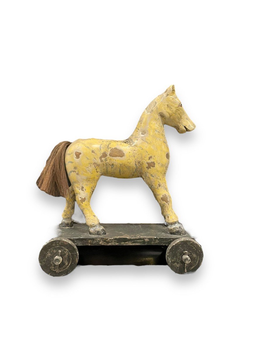 Cheval En Bois Polychrome Sur Roulette -photo-1