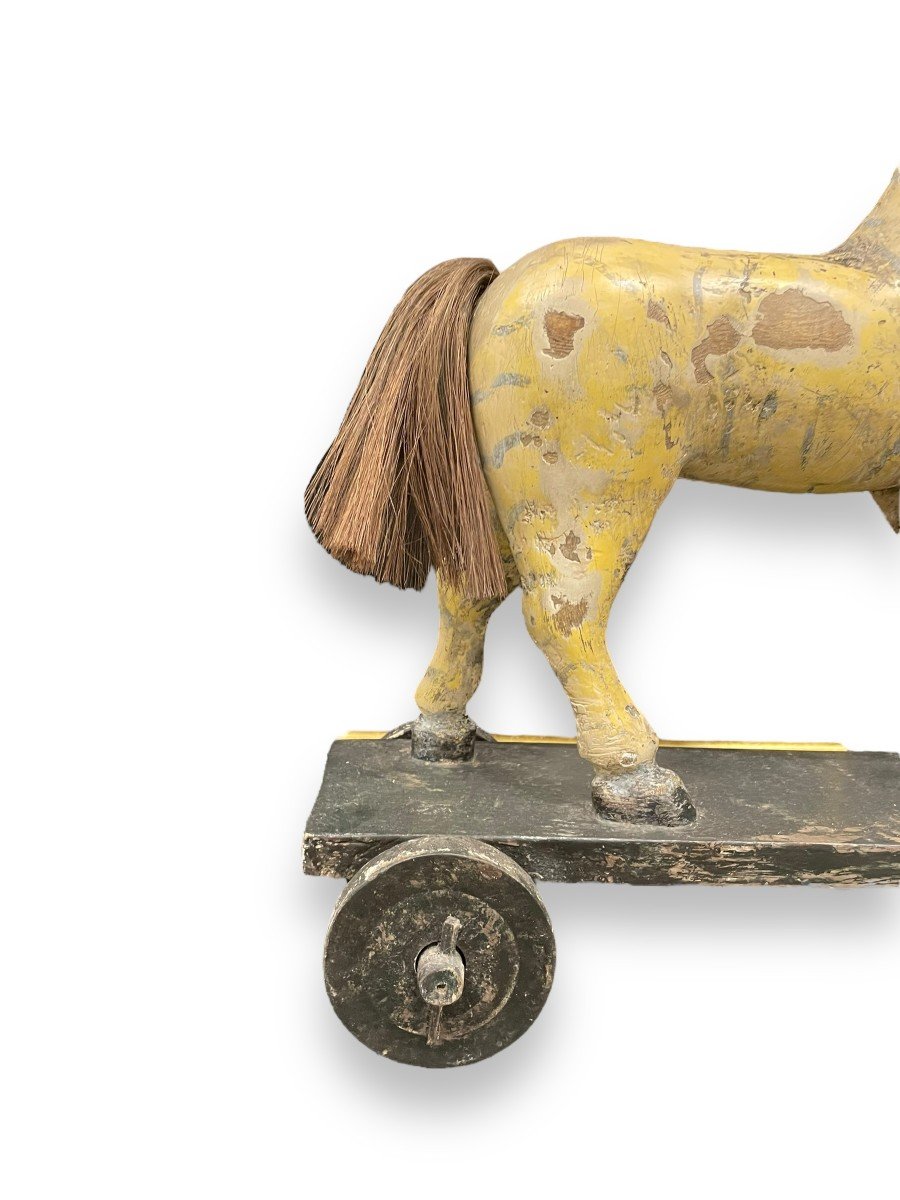 Cheval En Bois Polychrome Sur Roulette -photo-4