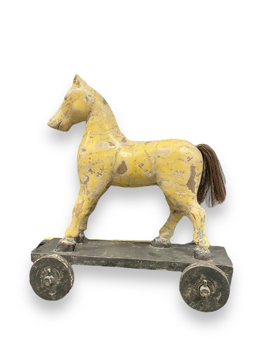 Cheval En Bois Polychrome Sur Roulette -photo-5