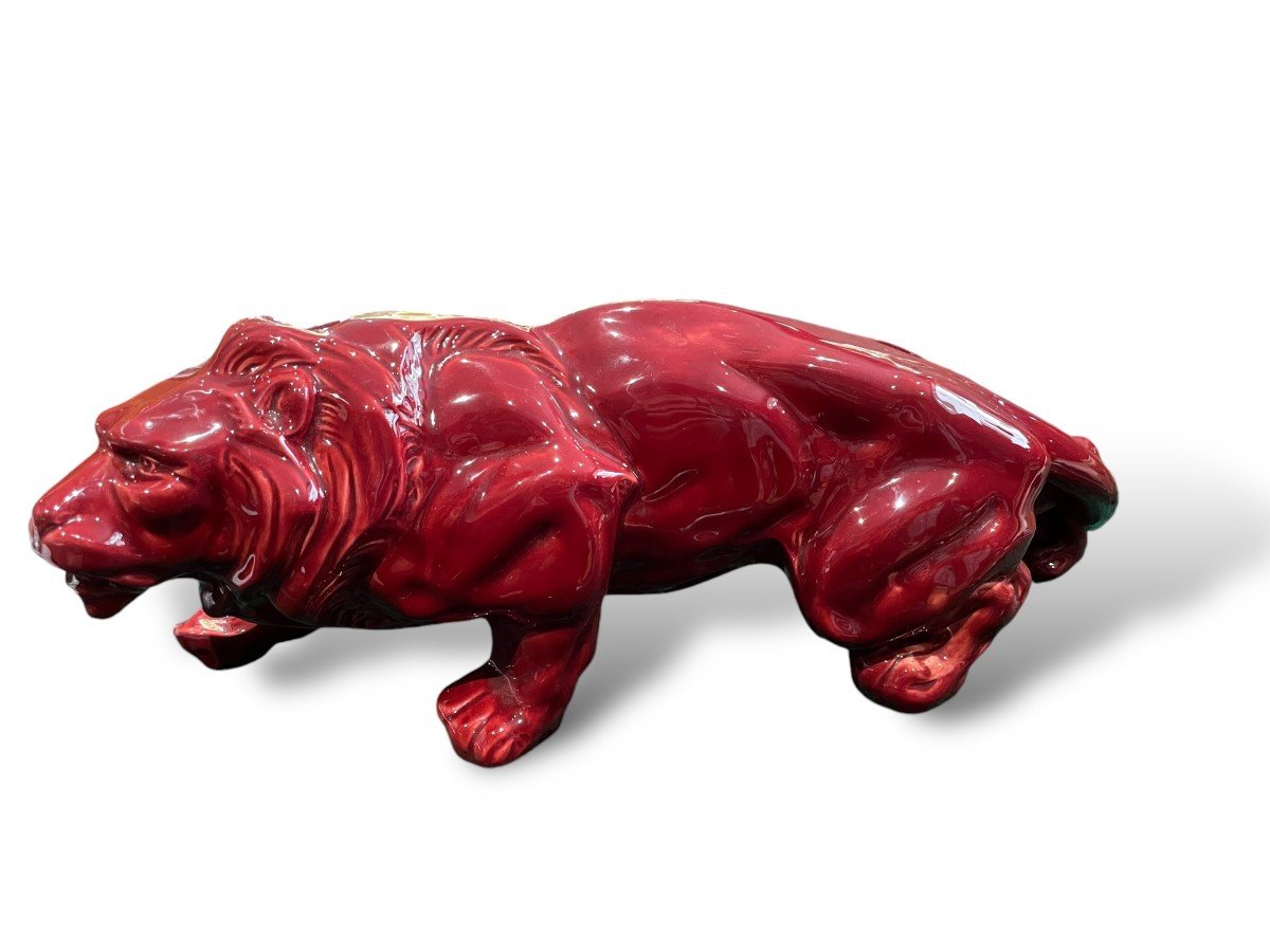 Art Deco Lion In Red Glazed Ceramic In The Taste Of Levy For Primavera-photo-2