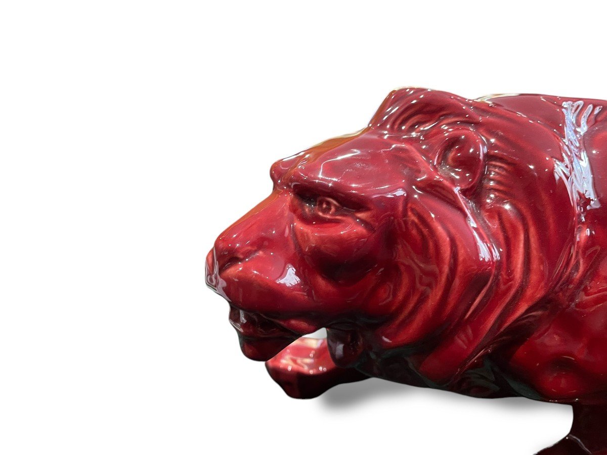 Art Deco Lion In Red Glazed Ceramic In The Taste Of Levy For Primavera-photo-3