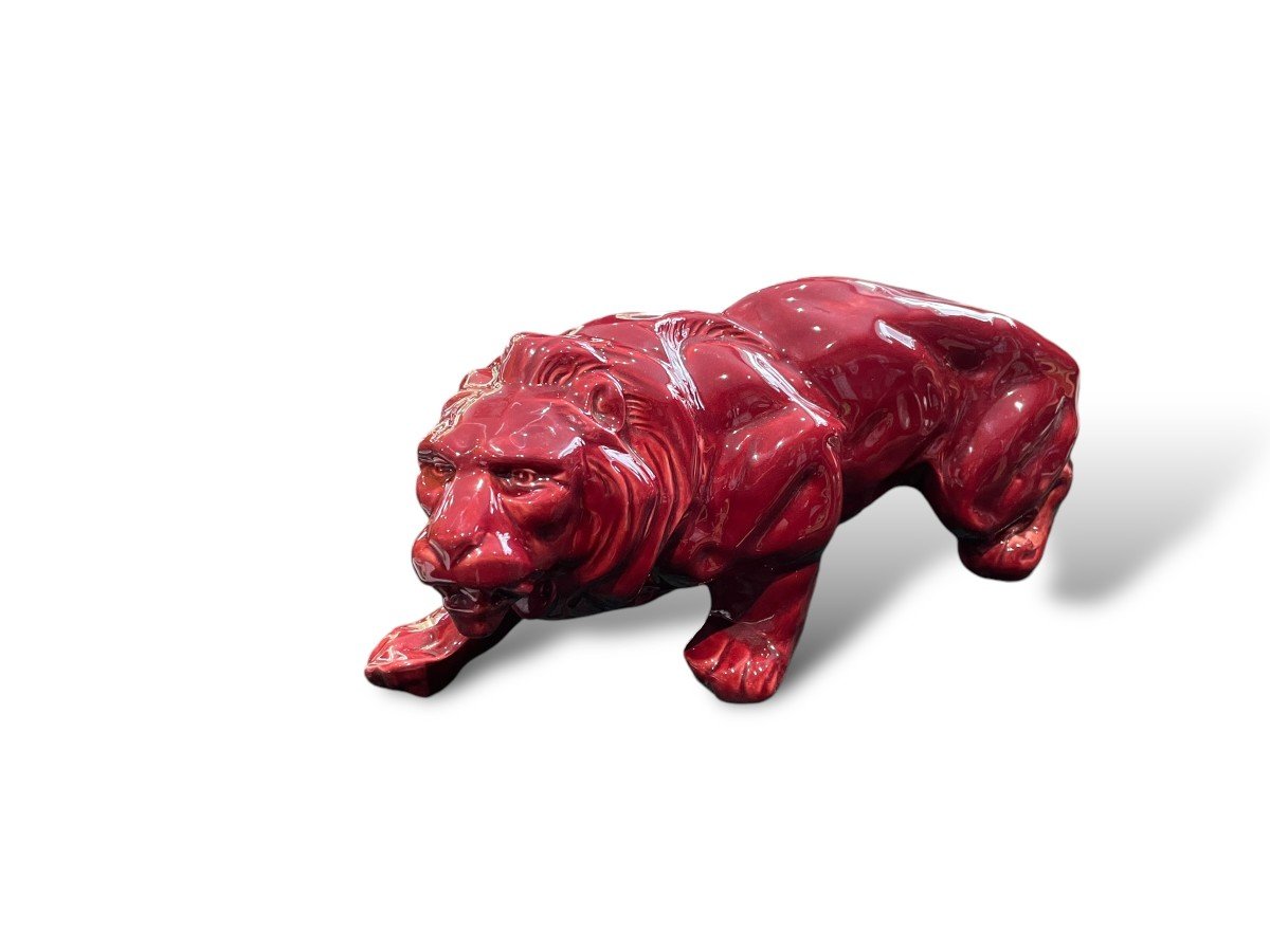 Art Deco Lion In Red Glazed Ceramic In The Taste Of Levy For Primavera-photo-4