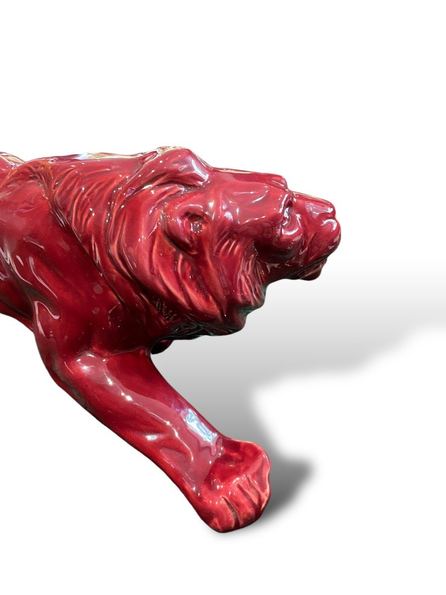 Art Deco Lion In Red Glazed Ceramic In The Taste Of Levy For Primavera-photo-2