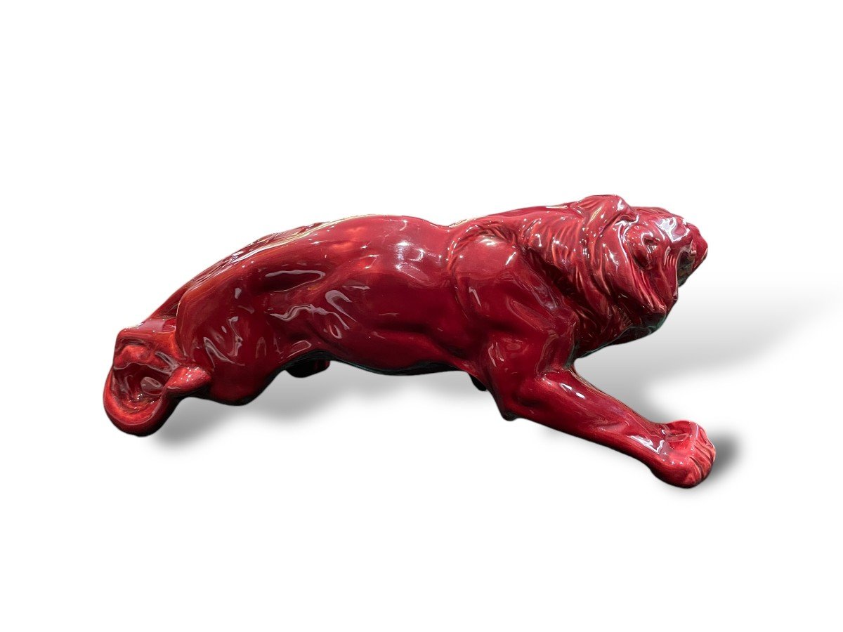 Art Deco Lion In Red Glazed Ceramic In The Taste Of Levy For Primavera-photo-4