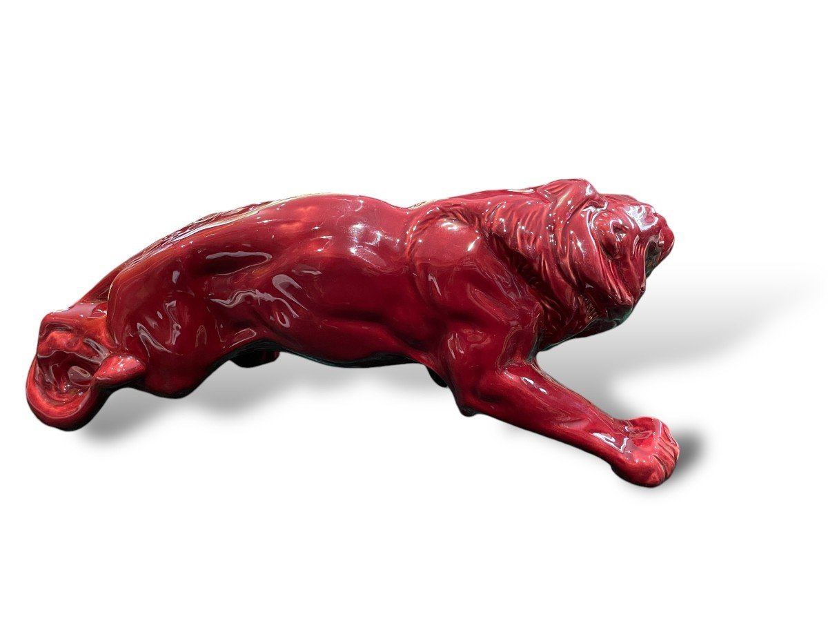 Art Deco Lion In Red Glazed Ceramic In The Taste Of Levy For Primavera-photo-8