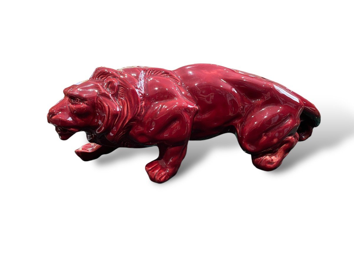 Art Deco Lion In Red Glazed Ceramic In The Taste Of Levy For Primavera