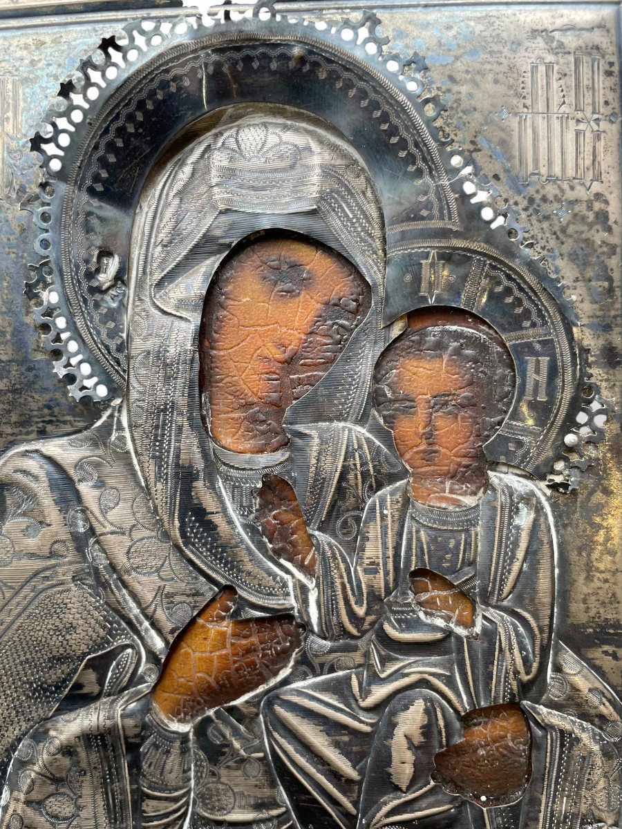 Russia Icon Of The Virgin Of Kazan Riza In Solid Silver-photo-1