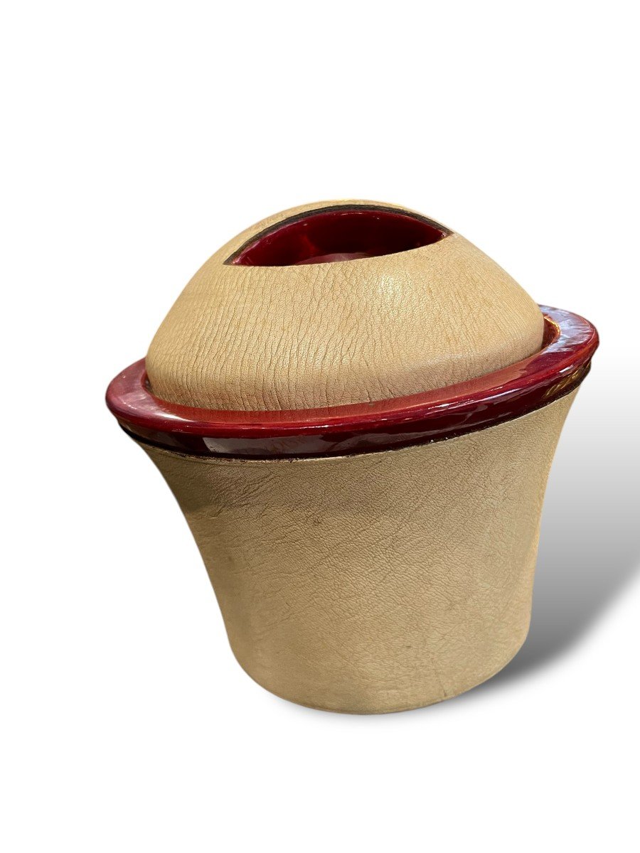 Longchamp France Ceramic And Leather Covered Tobacco Pot-photo-2