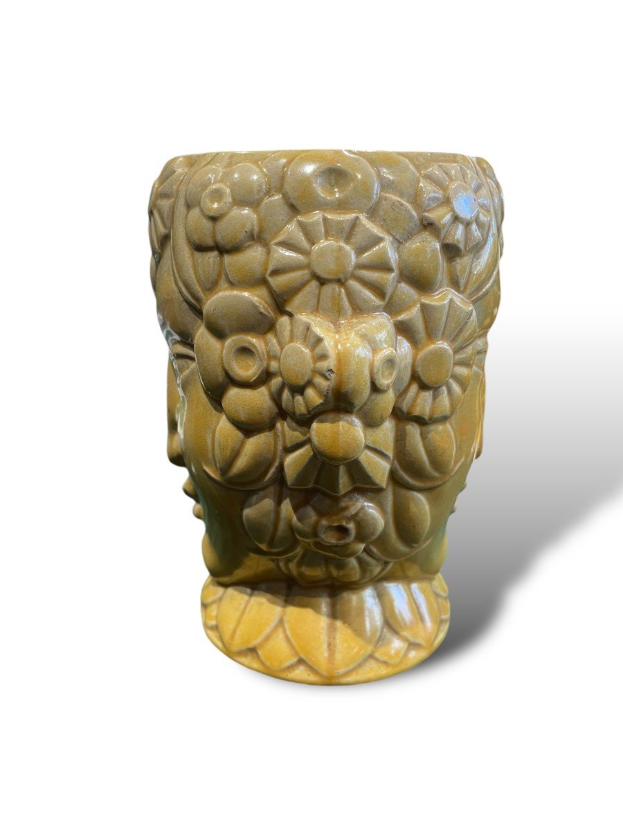 Vase Art Deco Tête De Faune En Céramique Jaune Attribué à Robj