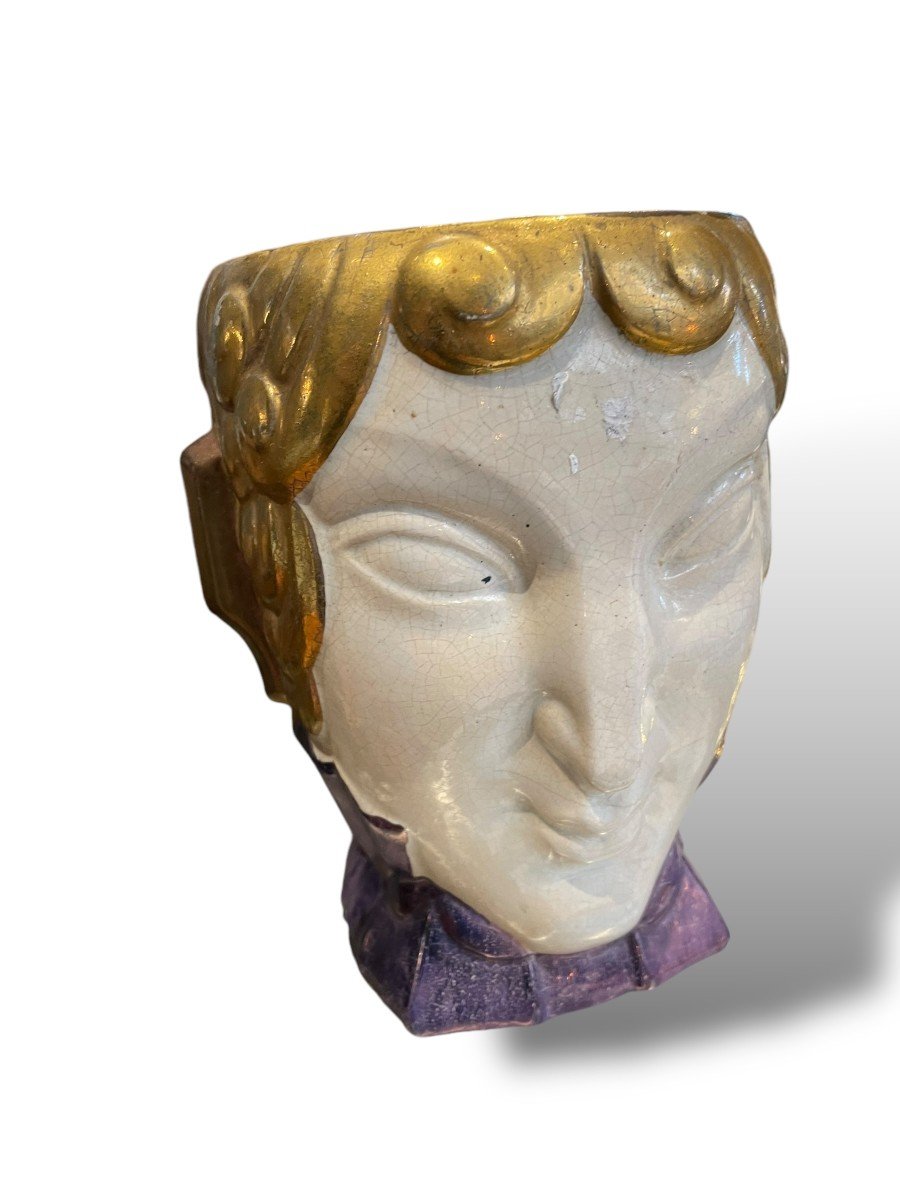 Art Deco Polychrome Ceramic Faun Head Vase Attributed To Robj-photo-3