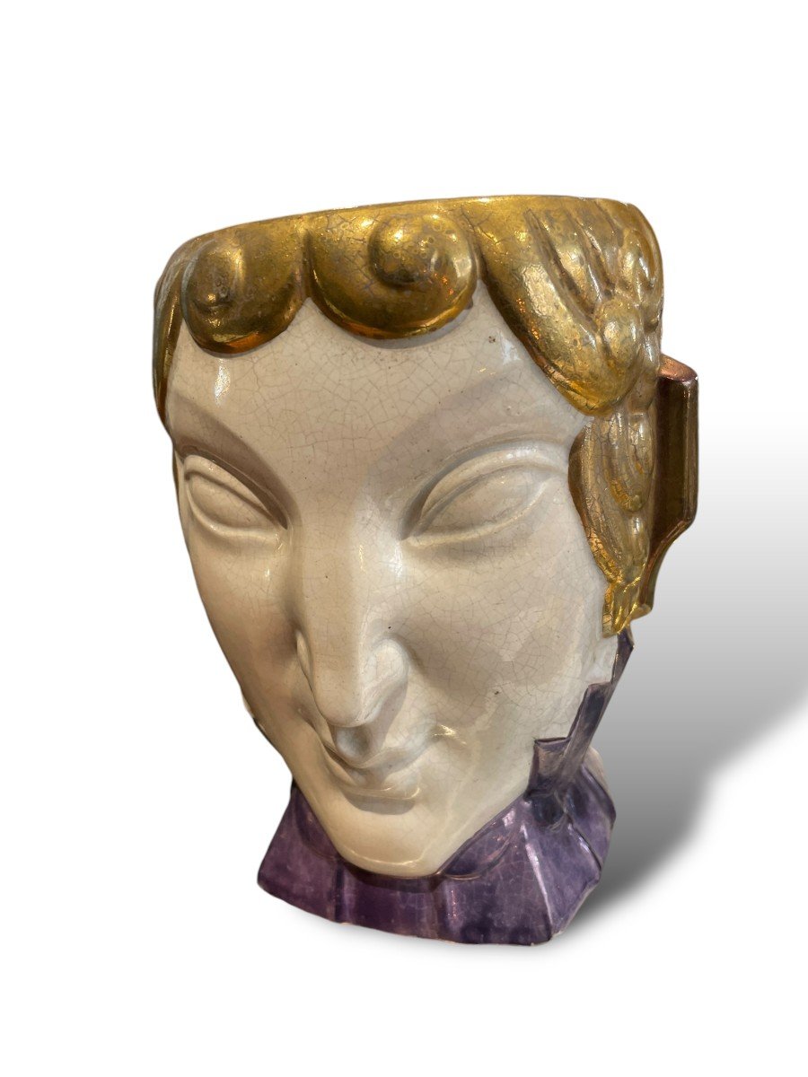 Art Deco Polychrome Ceramic Faun Head Vase Attributed To Robj-photo-2