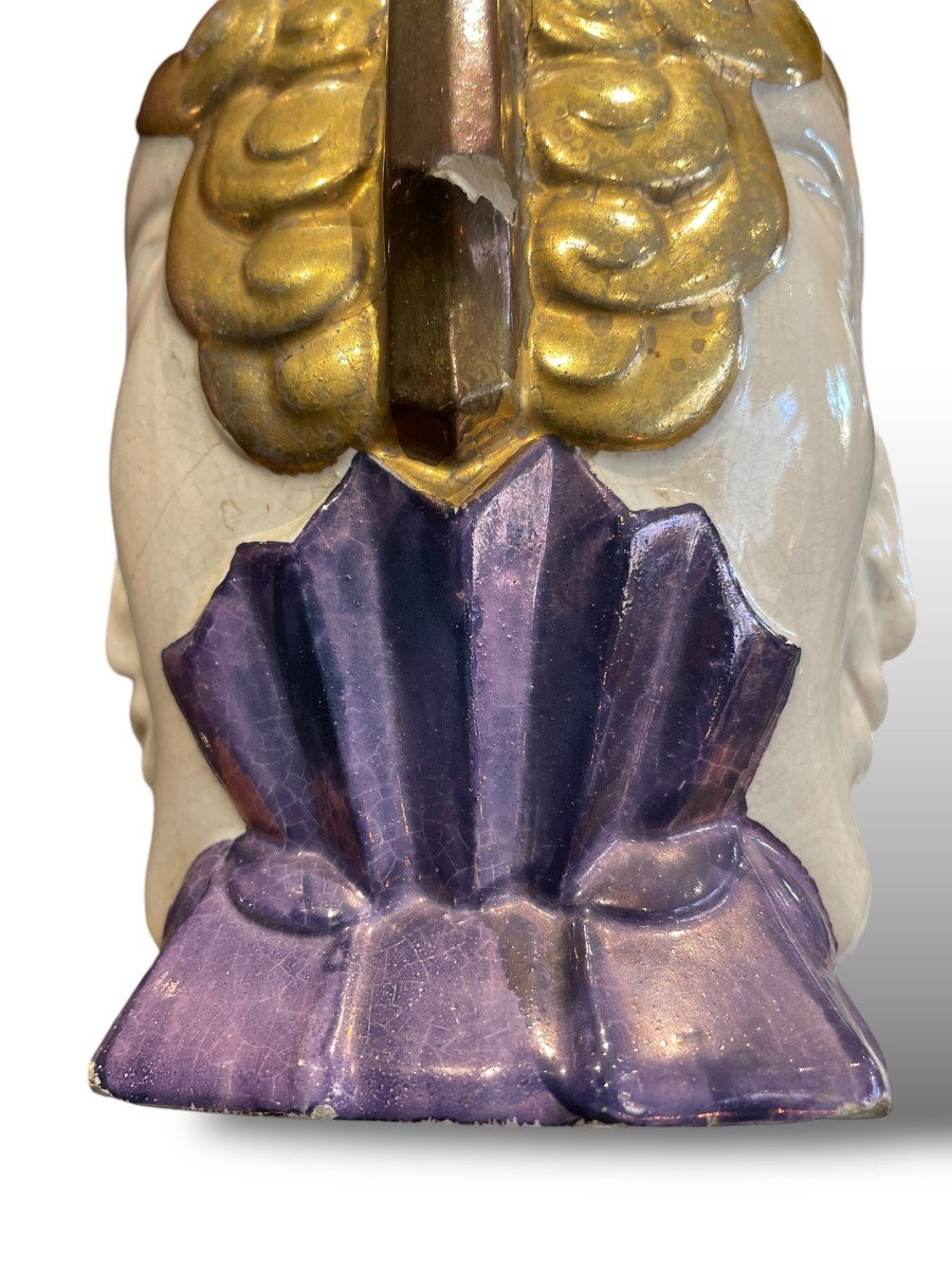 Art Deco Polychrome Ceramic Faun Head Vase Attributed To Robj-photo-6