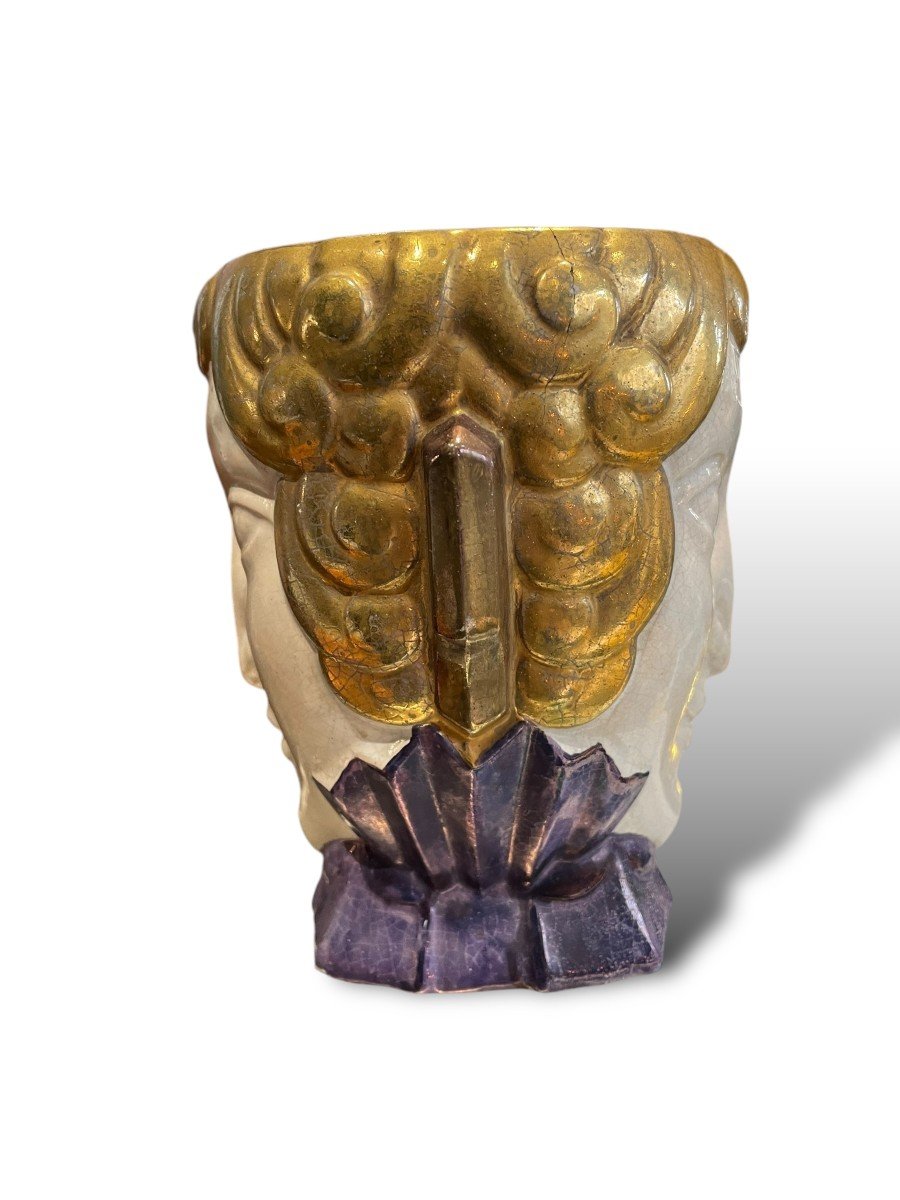 Art Deco Polychrome Ceramic Faun Head Vase Attributed To Robj