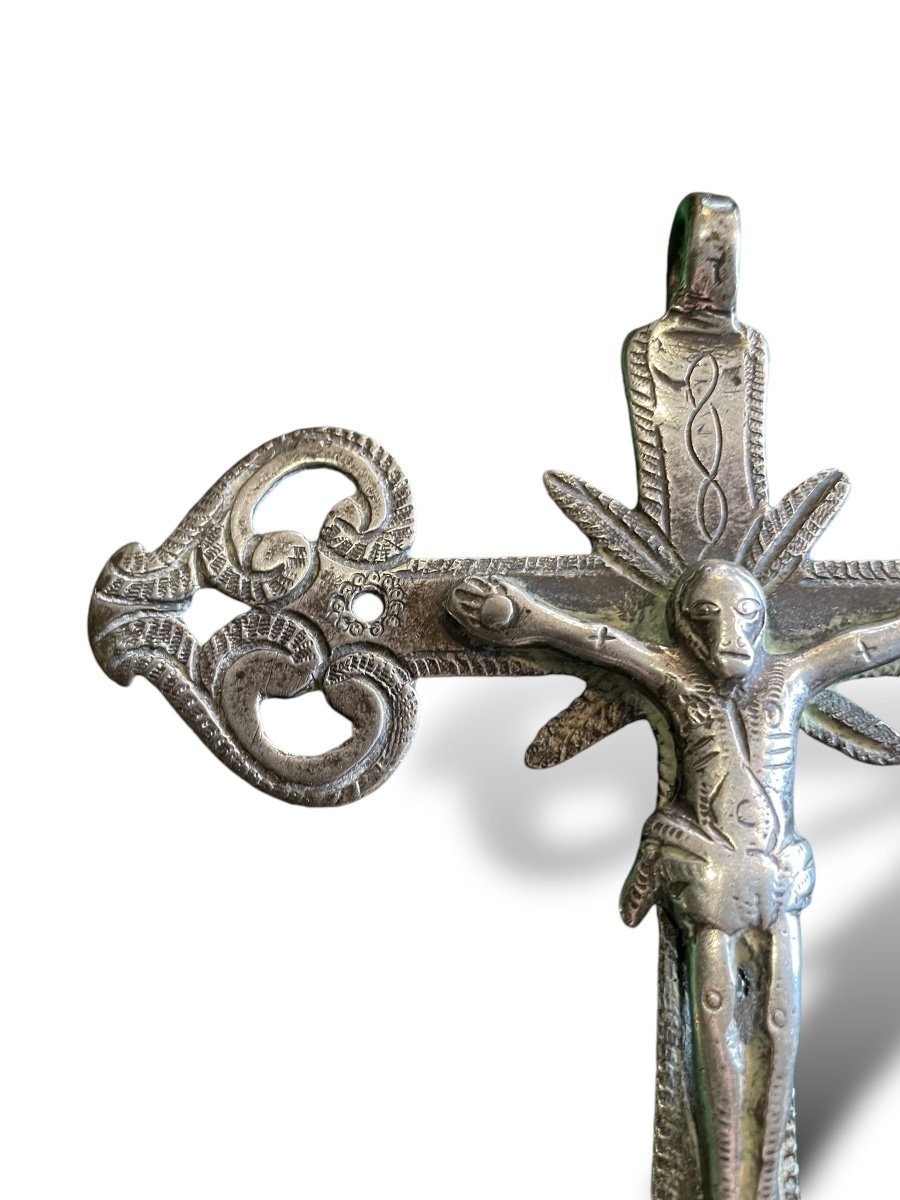 Important Silver Plated Bronze Cross From South America, 19th Century-photo-2