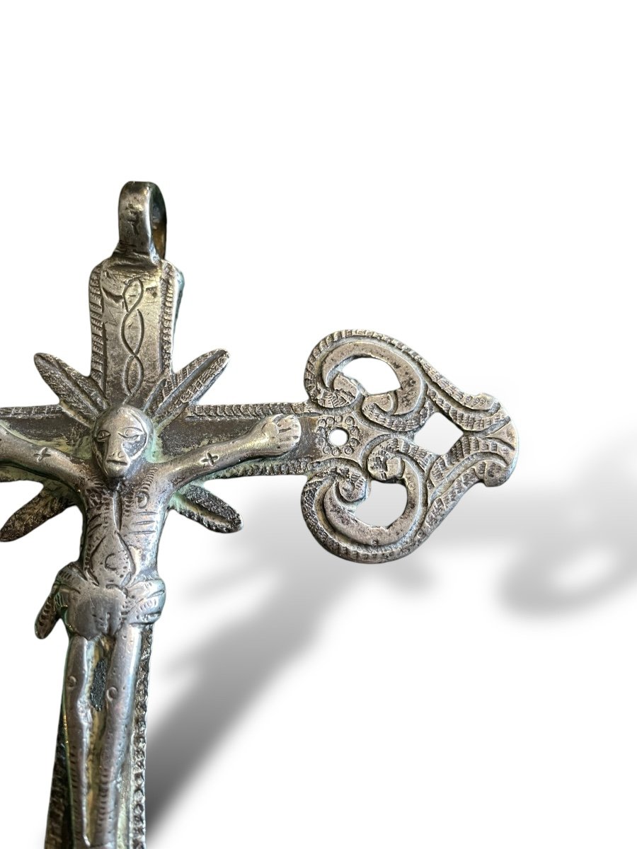 Important Silver Plated Bronze Cross From South America, 19th Century-photo-3