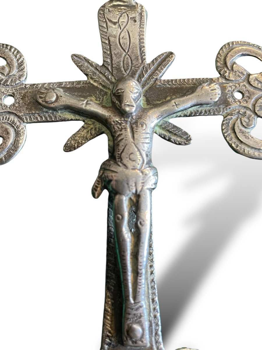 Important Silver Plated Bronze Cross From South America, 19th Century-photo-6