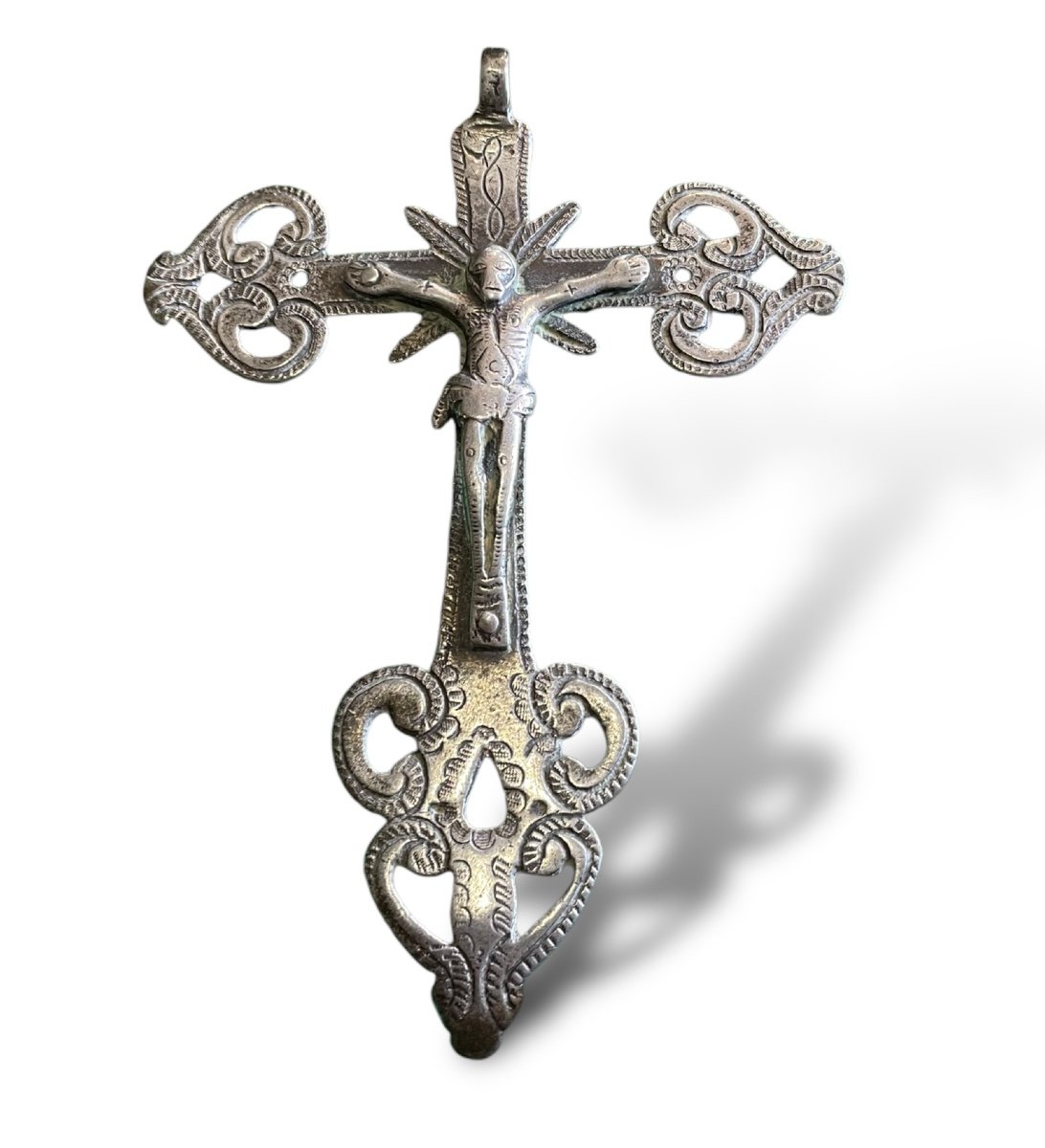 Important Silver Plated Bronze Cross From South America, 19th Century