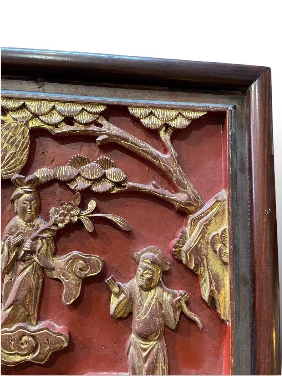 Chine Bas Relief XIXeme En Bois Polychrome Et Doré-photo-2