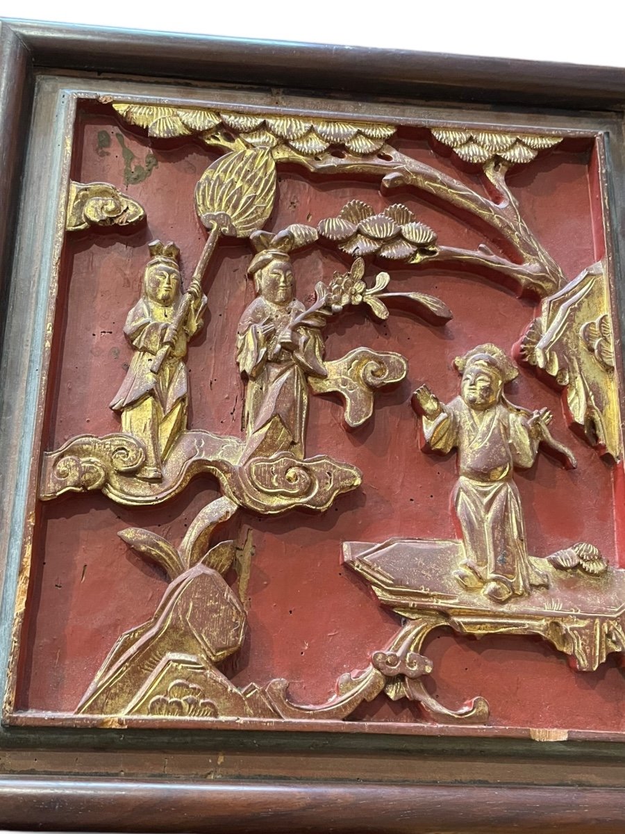 Chine Bas Relief XIXeme En Bois Polychrome Et Doré-photo-3