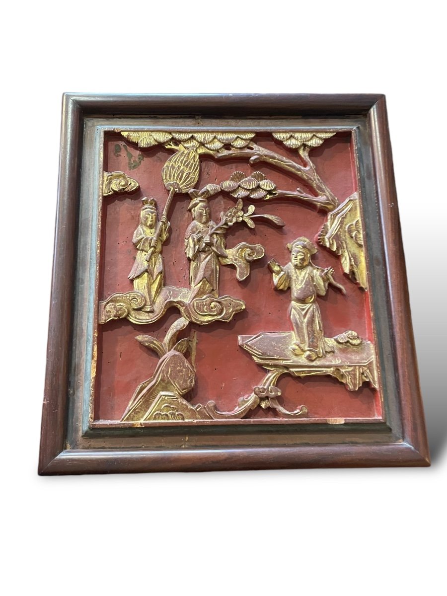 China Bas Relief 19th Century In Polychrome And Gilded Wood-photo-4