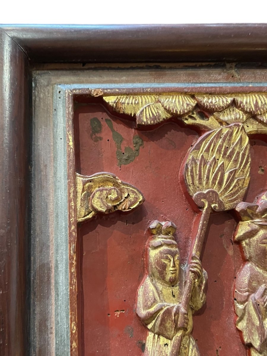 Chine Bas Relief XIXeme En Bois Polychrome Et Doré-photo-7