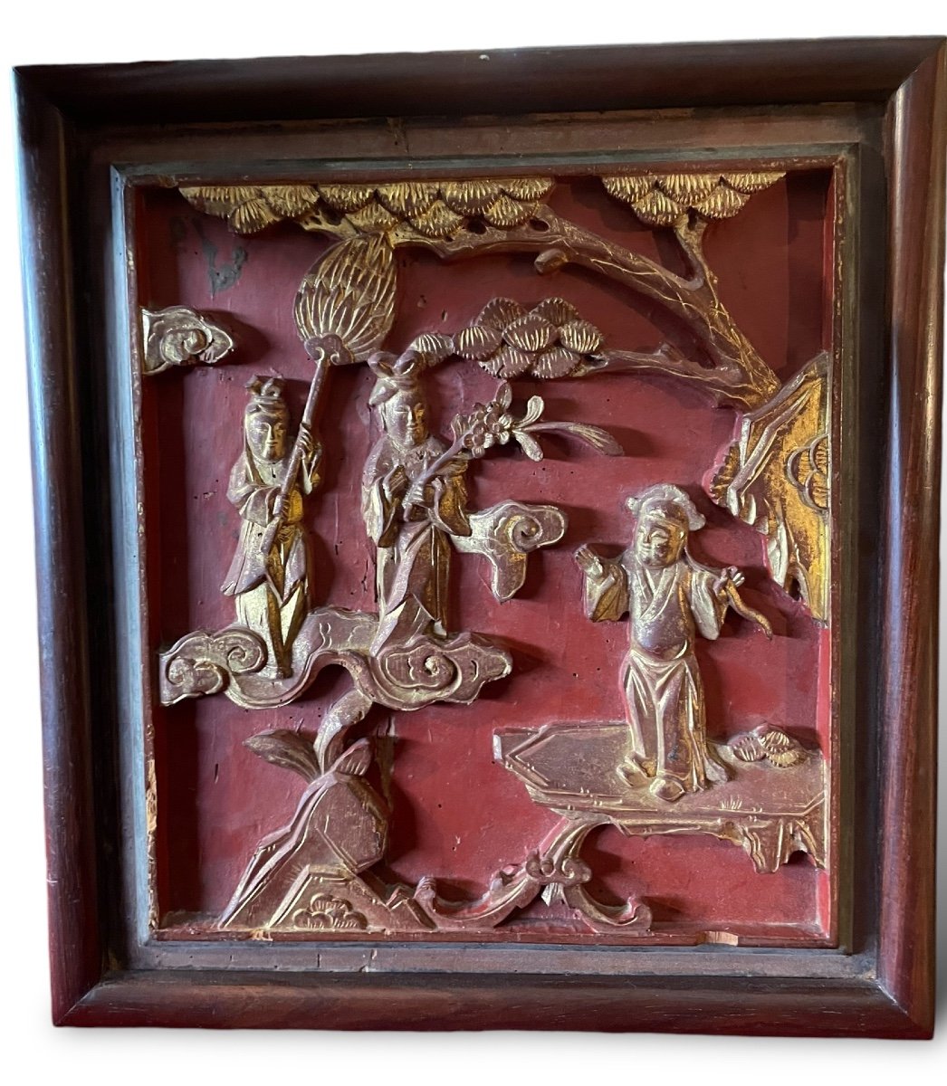 Chine Bas Relief XIXeme En Bois Polychrome Et Doré