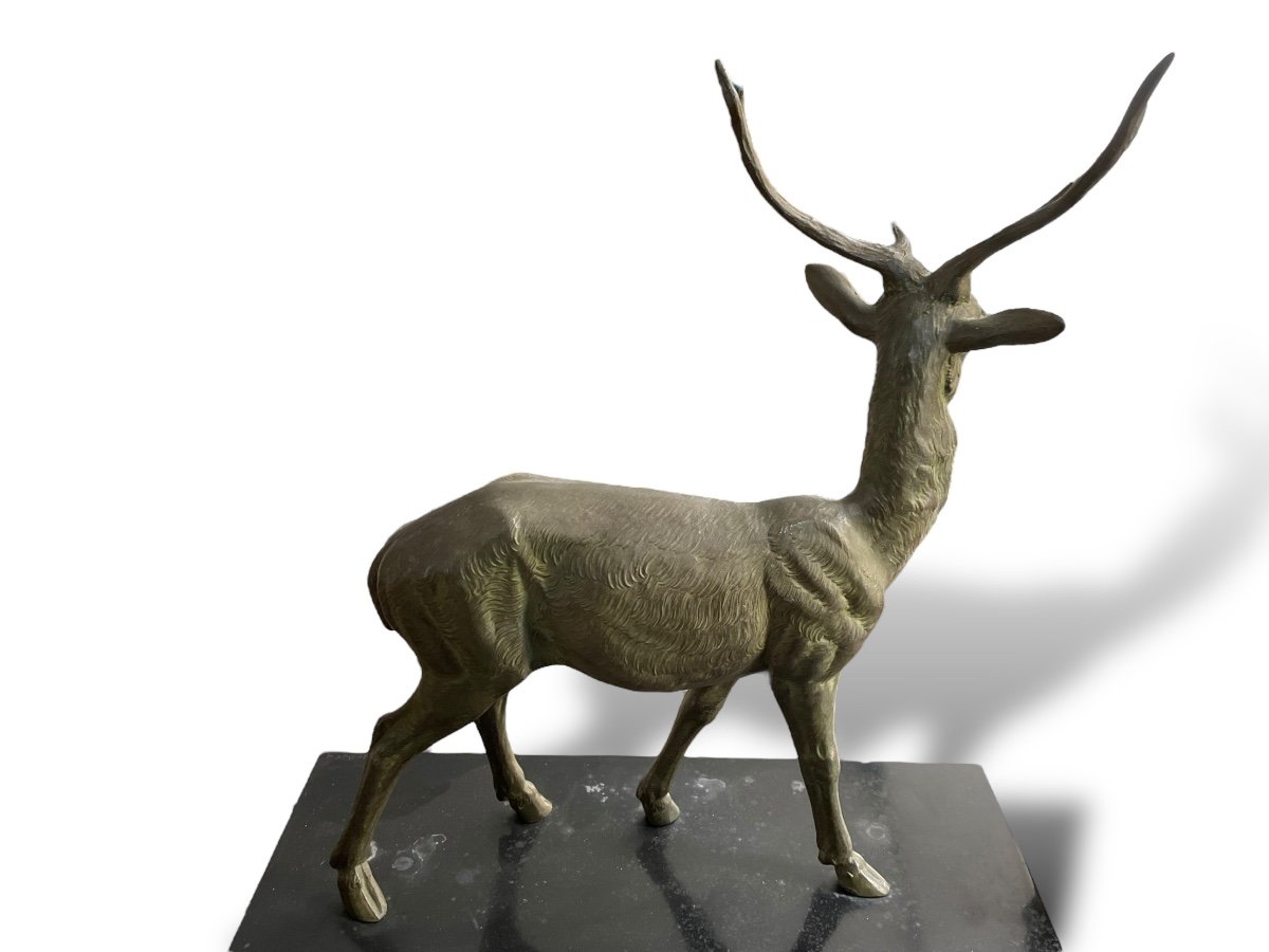 Sculpture Grand Cerf Socle En Marbre-photo-2