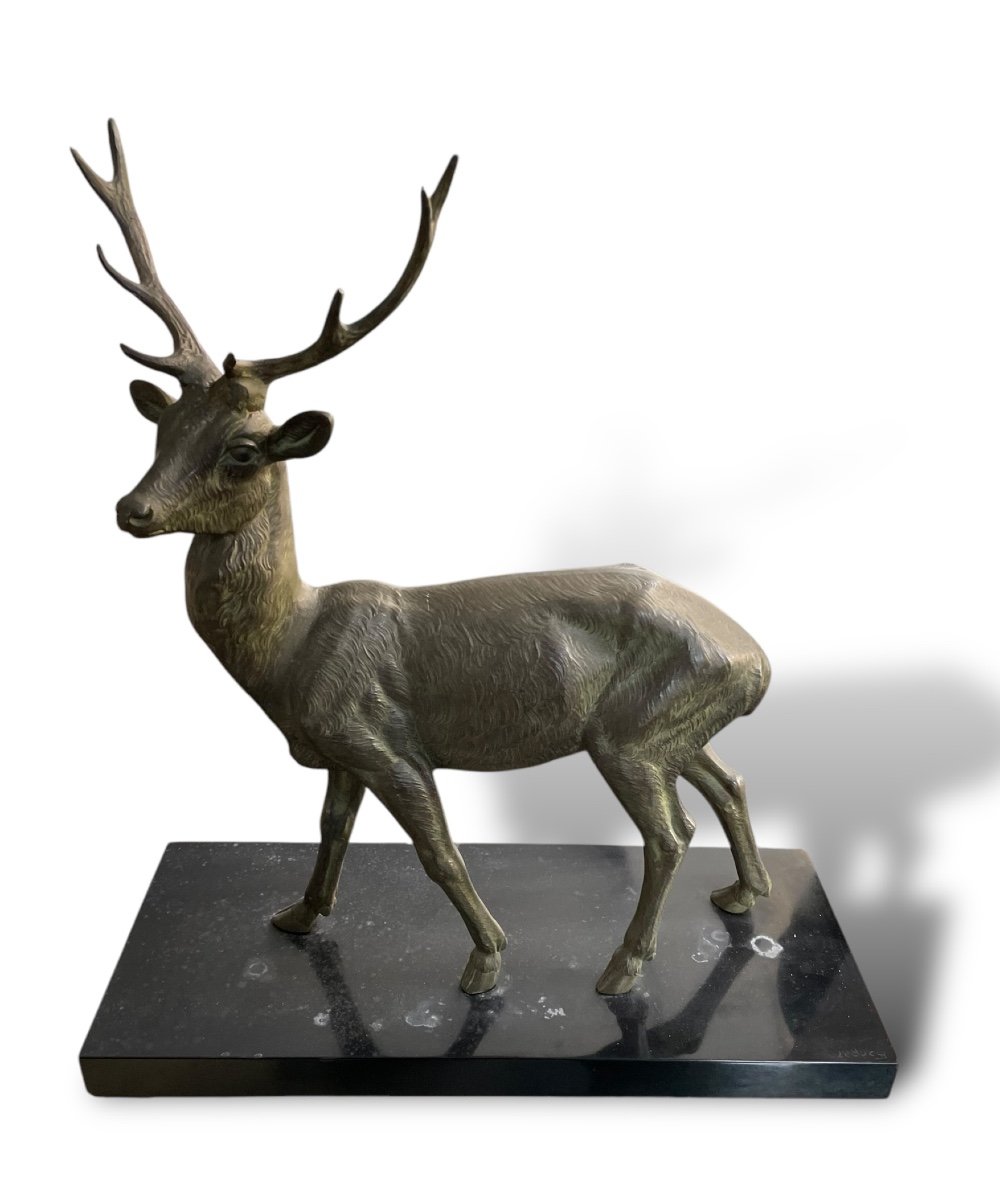 Sculpture Grand Cerf Socle En Marbre