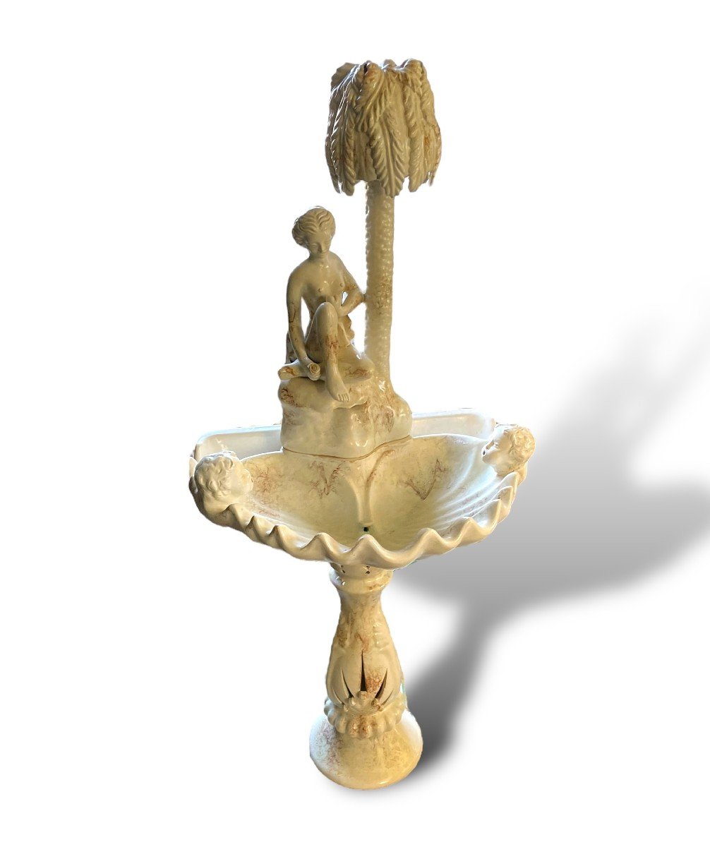 Important White Enameled Ceramic Fountain Naiad And Palm Tree-photo-3