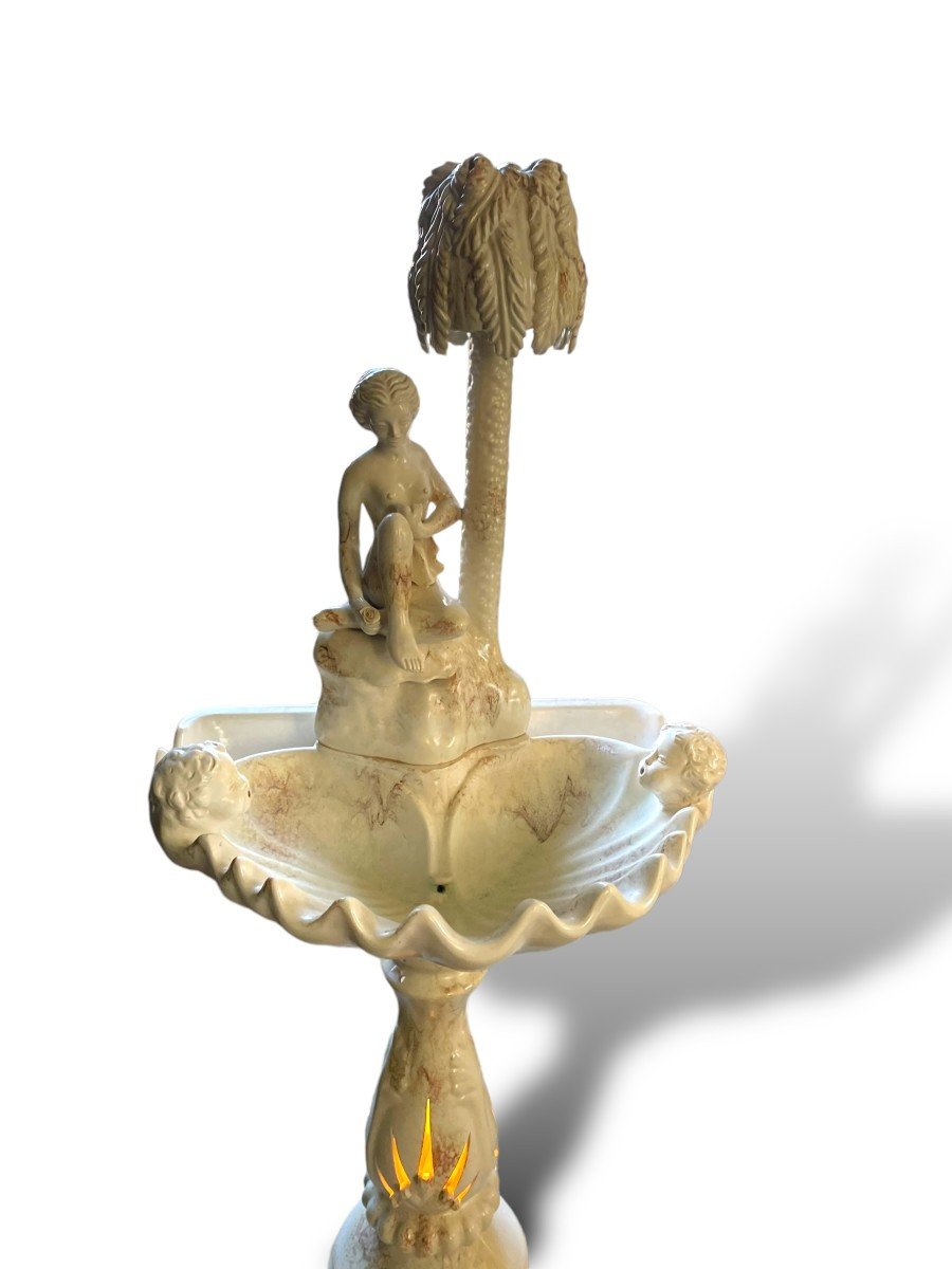 Important White Enameled Ceramic Fountain Naiad And Palm Tree-photo-2