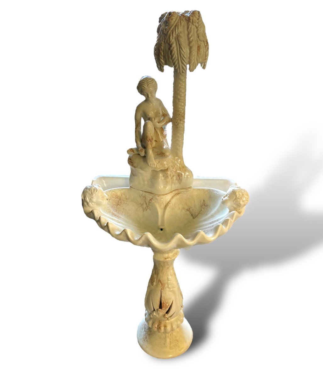 Important White Enameled Ceramic Fountain Naiad And Palm Tree