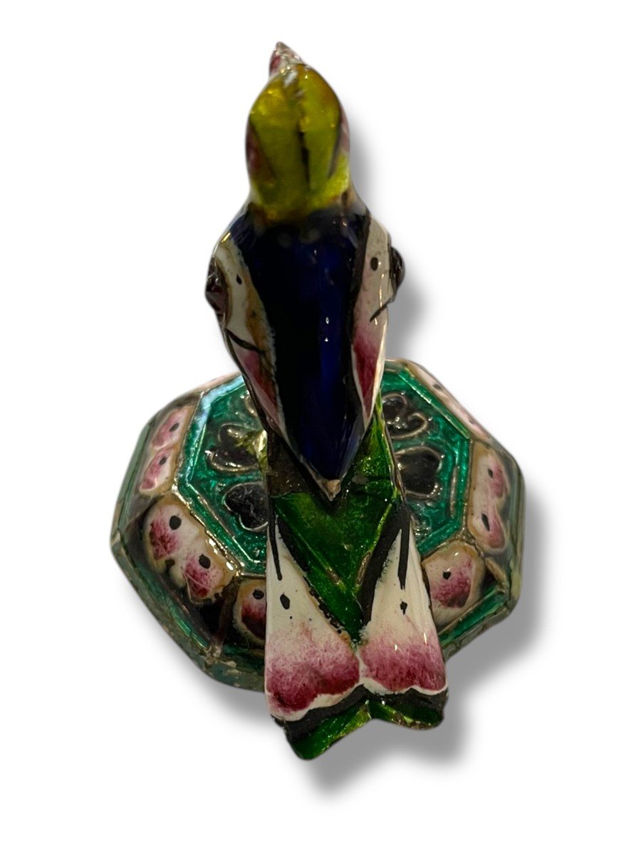 Peking Enamel Perched Bird In Silver And Polychrome Enamels-photo-3