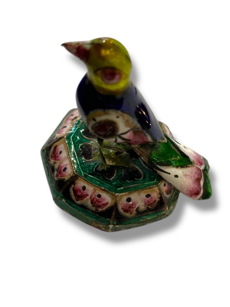 Peking Enamel Perched Bird In Silver And Polychrome Enamels-photo-4