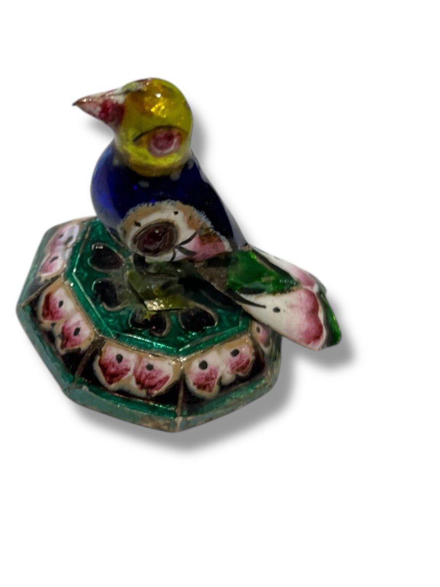 Peking Enamel Perched Bird In Silver And Polychrome Enamels-photo-2