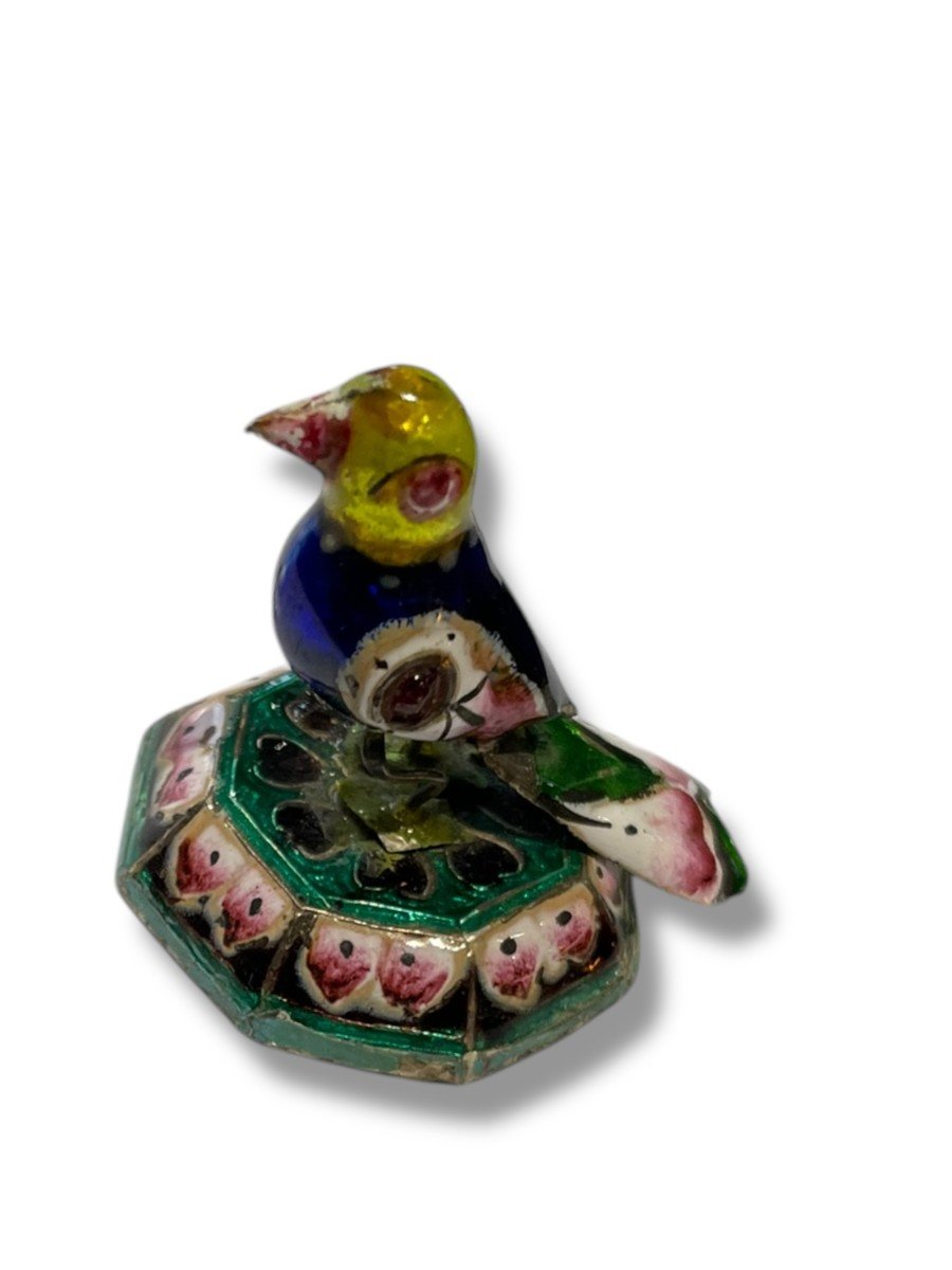 Peking Enamel Perched Bird In Silver And Polychrome Enamels-photo-3