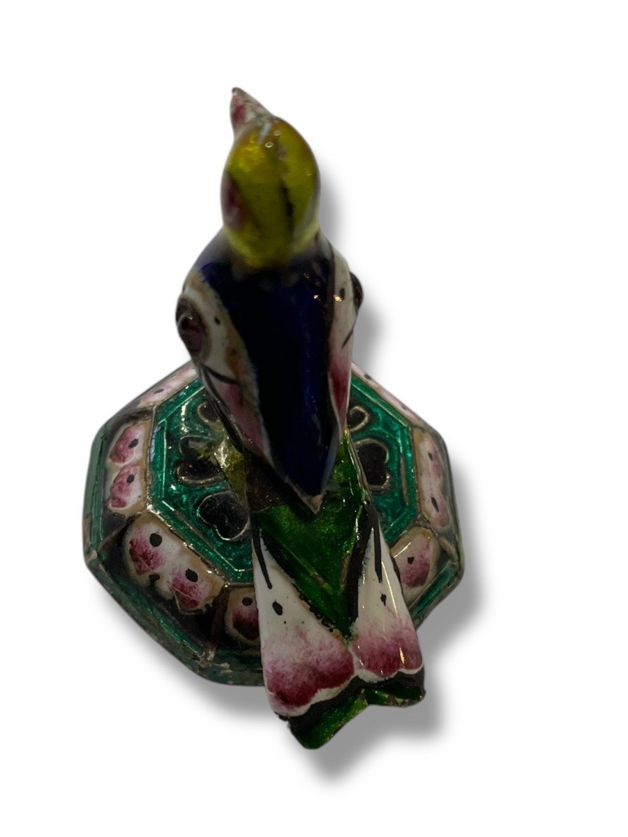 Peking Enamel Perched Bird In Silver And Polychrome Enamels-photo-4