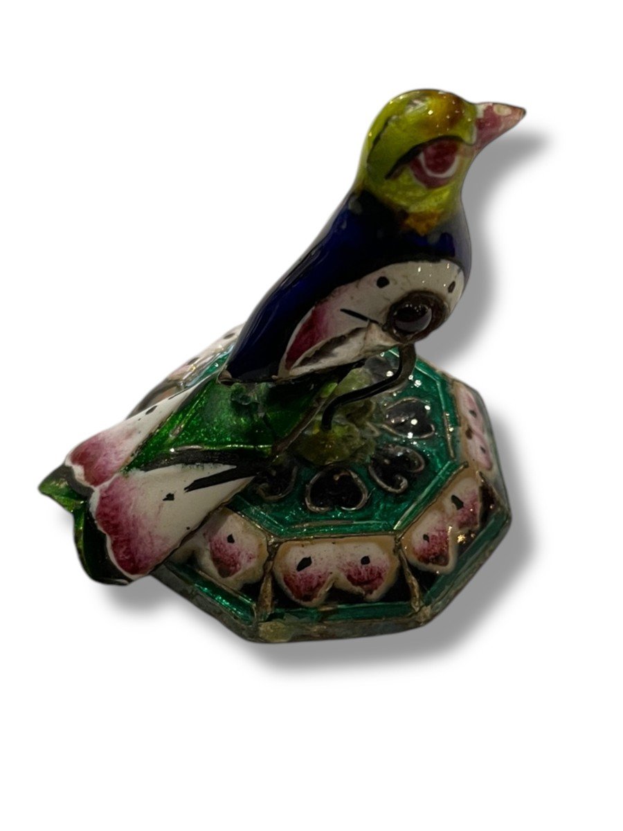 Peking Enamel Perched Bird In Silver And Polychrome Enamels-photo-5