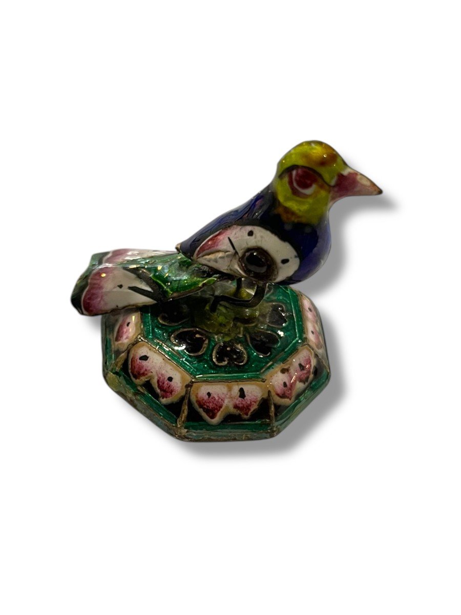 Peking Enamel Perched Bird In Silver And Polychrome Enamels-photo-6