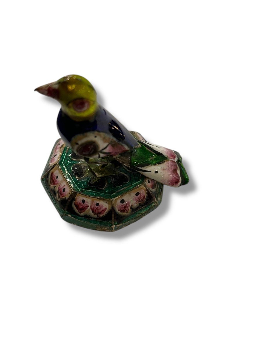 Peking Enamel Perched Bird In Silver And Polychrome Enamels-photo-8