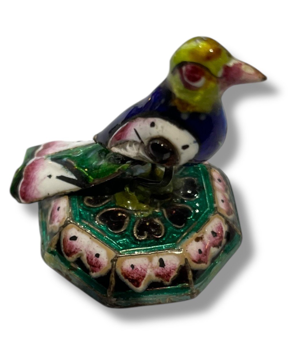 Peking Enamel Perched Bird In Silver And Polychrome Enamels