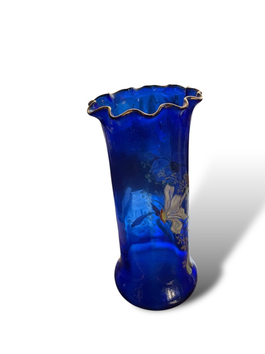 Montjoye Legras Enameled Glass Vase Blue Background Circa 1900-photo-2