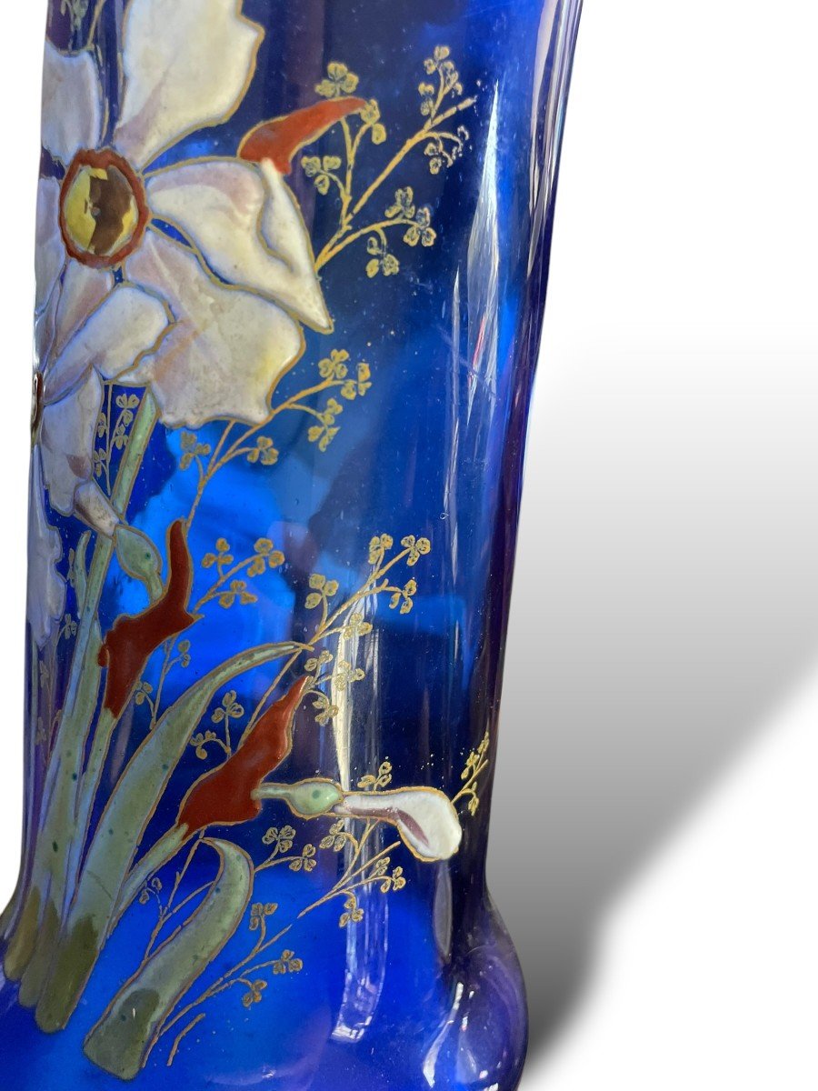 Montjoye Legras Enameled Glass Vase Blue Background Circa 1900-photo-3