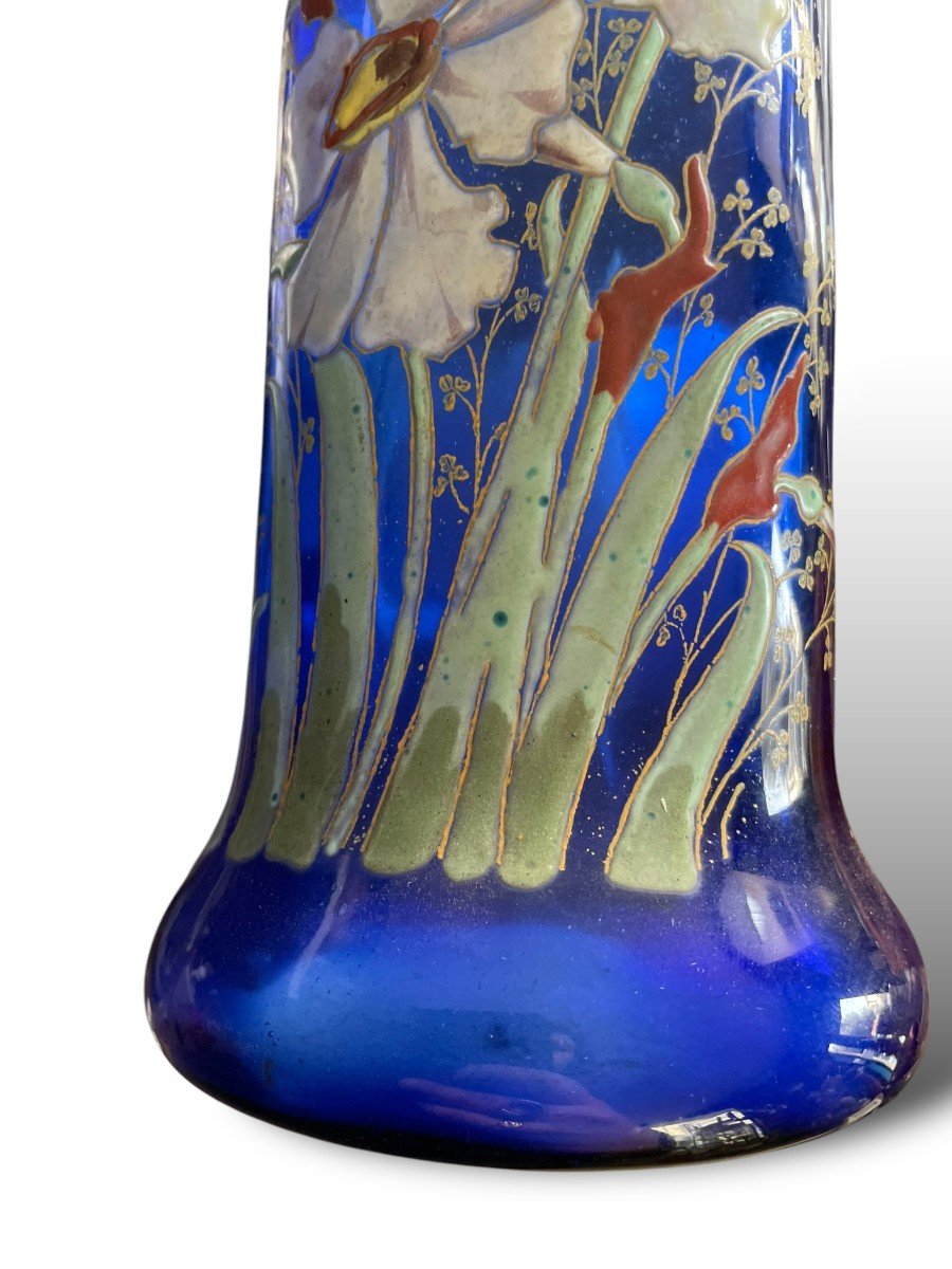 Montjoye Legras Enameled Glass Vase Blue Background Circa 1900-photo-4