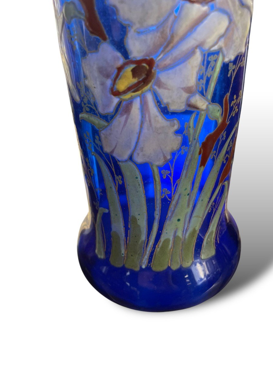 Montjoye Legras Enameled Glass Vase Blue Background Circa 1900-photo-2