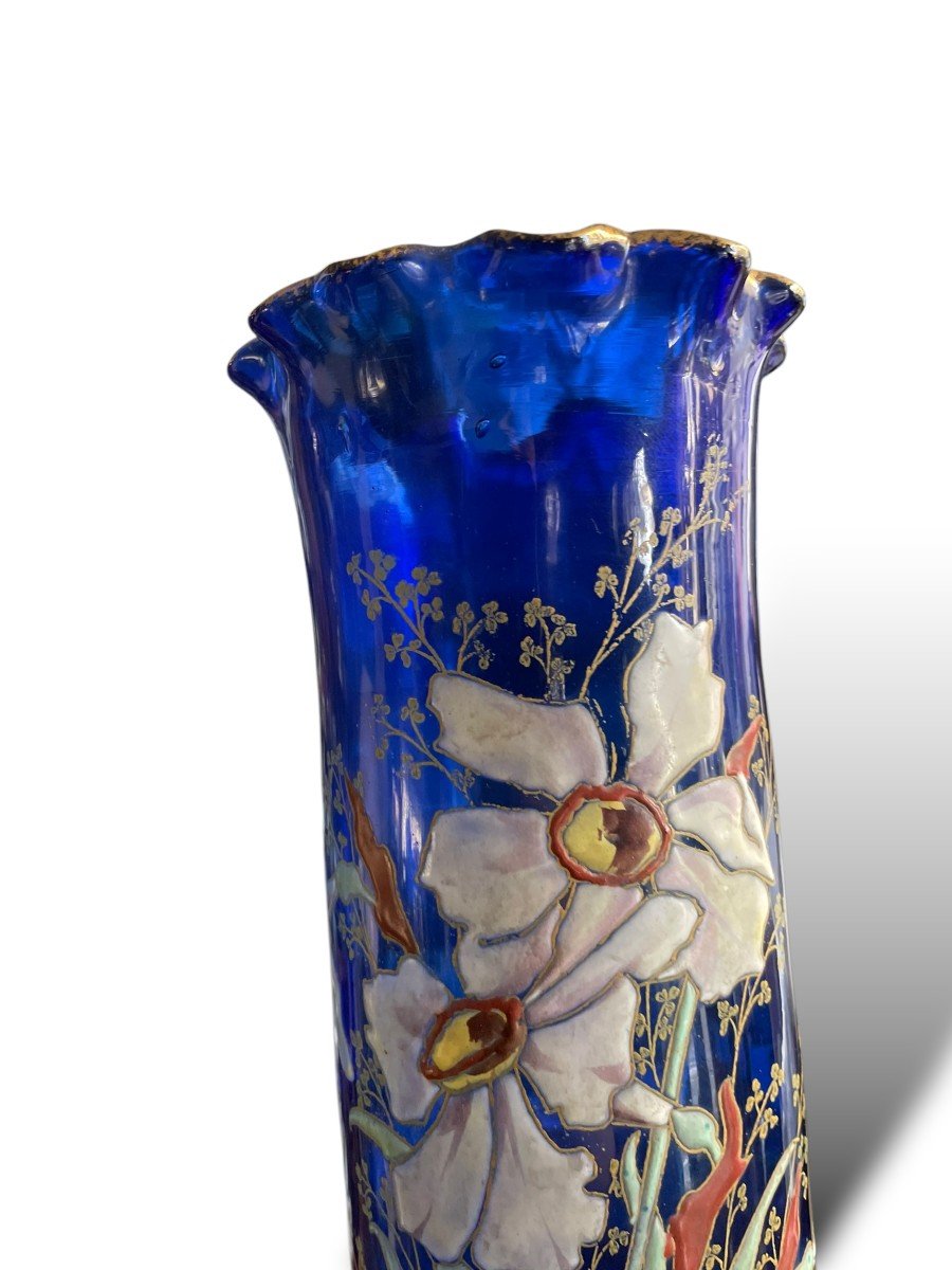 Montjoye Legras Enameled Glass Vase Blue Background Circa 1900-photo-3