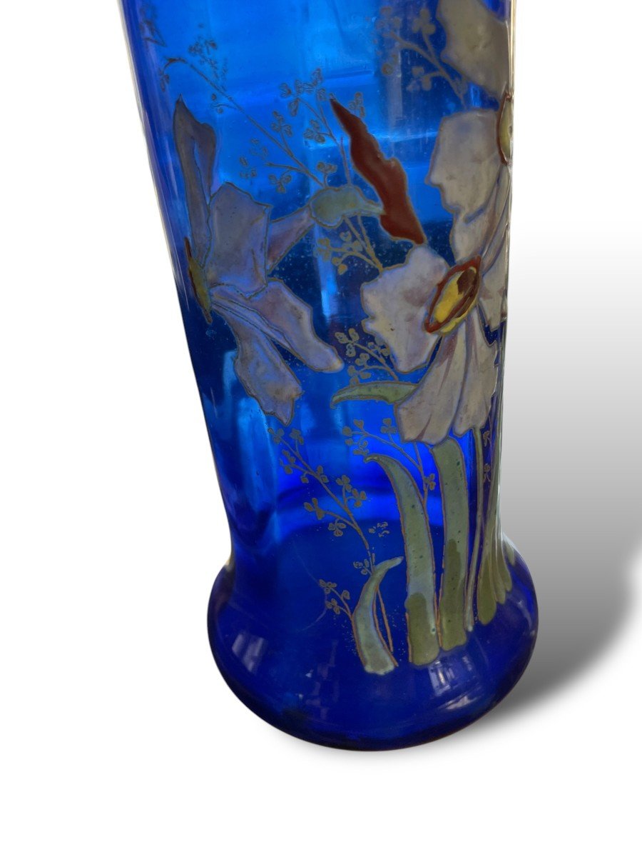 Montjoye Legras Enameled Glass Vase Blue Background Circa 1900-photo-4