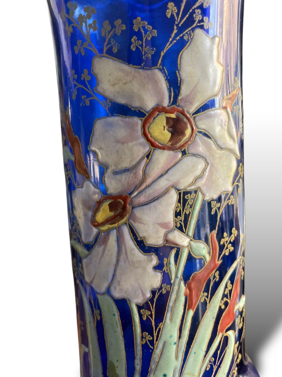 Montjoye Legras Enameled Glass Vase Blue Background Circa 1900-photo-5